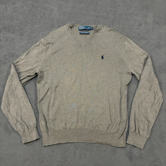 Polo Ralph Lauren Gray Sweater Pullover Knit V Neck Classic Logo Mens Size L - Picture 1 of 8